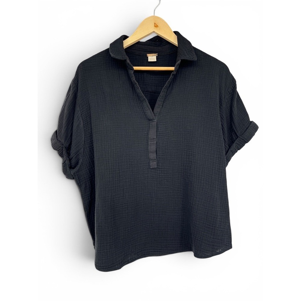Magaschoni Home Organic Cotton Gauze Top Black Split Neck Boxy Cuffed Sleeve‎ L